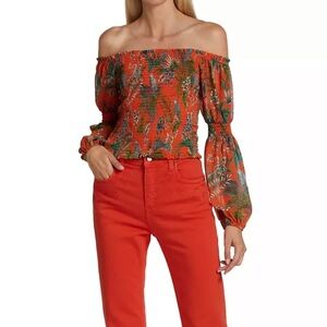 L'agence Cece Smocked Top orange multi parrot tropical puff sleeves Sz small New